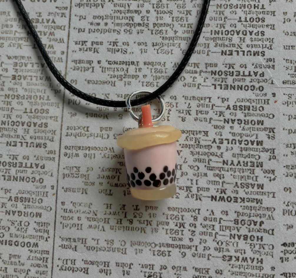 Pink bubble tea necklace